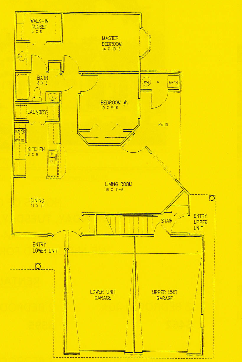 Floor plan for 2 beds, 1 bath, 967 sqft